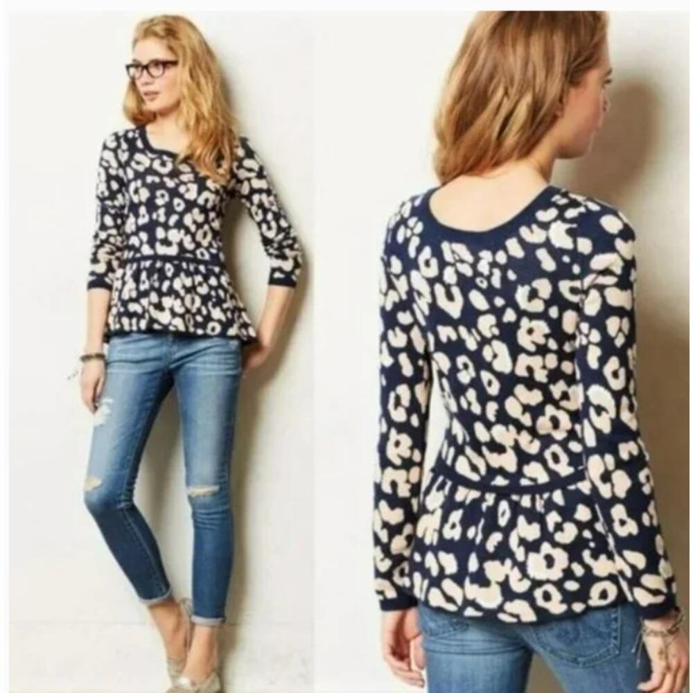 Anthropologie Moth Sweater Womens Size S‎ Leopard Print Embroidered Peplum Blue